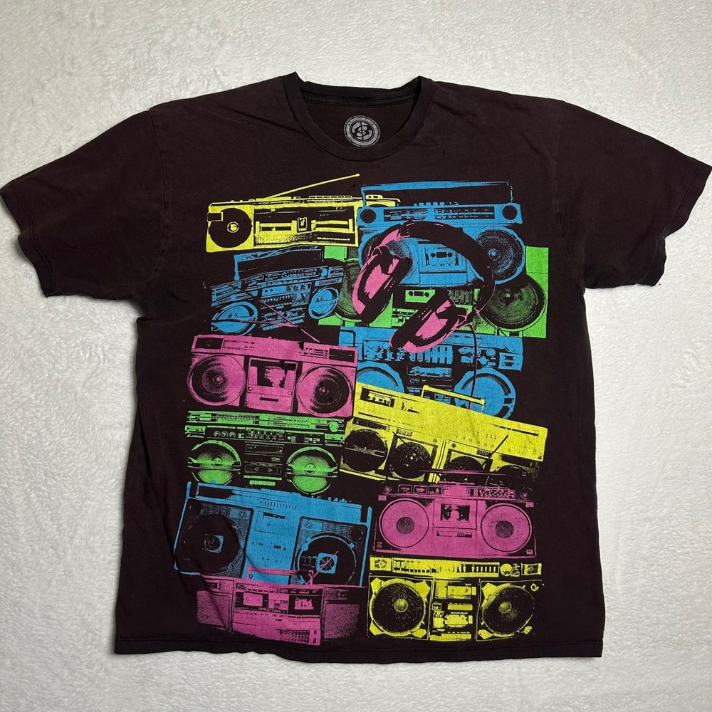 Anchor Blue Shirt Men's Large Brown Boombox Graphic Tee Neon Y2K Retro 90s